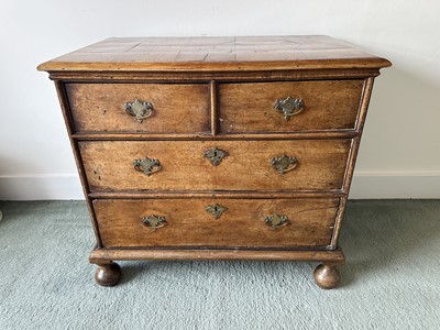 Lot 1273 - 18th century, and later, walnut chest of two short and two long drawers, with brass plate handles, on bun feet, 89cm wide x 53cm deep x 81cm high