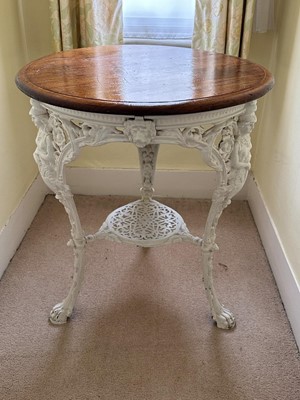 Lot 1274 - Late Victorian white painted cast iron pub table, the three legs with figures of Britannia and motto 'Slavery Abolished', joined by an undertier