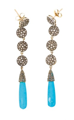 Lot 425 - Pair of diamond and turquoise drop earrings
