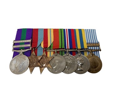 Lot 654 - Second World War and later medal group comprising George VI General Service medal with two clasps, Palestine and Cyprus, 1939 - 1945 Star, Africa Star, Defence, War, Korea medal named to 6012130...