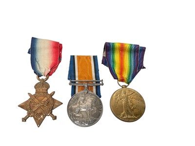 Lot 655 - First World War trio comprising 1914 - 15 Star, War and Victory medals named to R4-063696 PTE. A. Rivers. A.S.C.