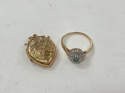 Lot 1132 - Emerald and diamond cluster ring on gold shank together with an Edwardian 9ct gold heart shaped locket pendant