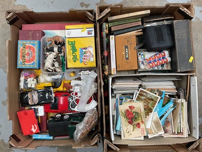 Lot 55 - Box of ephemera and postcards, and a box of gams, cars, etc (2 boxes)