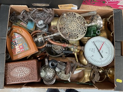 Lot 56 - Box of metalware and sundries, and two boxes of flat ware and silver plate (3 boxes)