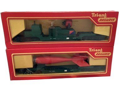 Lot 1958 - Tri-ang OO Gauge Bomb Transporter R239 (x2), Searchlight Wagon R341 (x2), 4 Rocket Launcher R343, BR Trestrol Wagon R242 (x2), Operating Helicopter Car R128 and Rocket Launching Wagon R216, all bo...