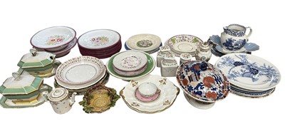 Lot 61 - Group of 19th century and later ceramics including pink lustre, dessert service and a pair of armorial tureens