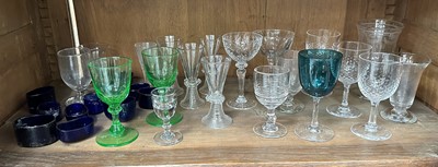 Lot 87 - Group of 19th century and later glass including syllabub, green tinted, Bristol blue liners etc