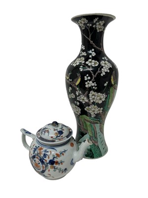 Lot 86 - Antique Chinese famille noir oviform vase decorated with birds and prunus, together with a 19th century Chinese Imari teapot