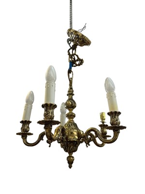 Lot 250 - Good quality brass five branch candelabra with scroll supports, together with a pair of twin branch wall lights