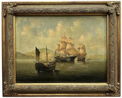 Lot 358 - 20th century oil on canvas - A Chinese Junk and two European Ships at Anchor, 31cm x 41cm, in gilt frame