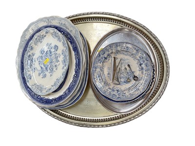 Lot 576 - Group of blue and white ceramics and silver plated items including two serving trays.
