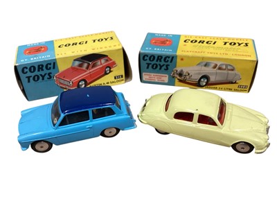 Lot 1969 - Corgi Toys diecast Chevrolet State Patrol No.223, Vauxhall Velox Saloon No.203M, Plymouth Sports Suburban Station Wagon No.219, Rover 90 Saloon No.204, Jaguar 2.4 litre Saloon No.208S, Austin A4...