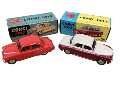 Lot 1969 - Corgi Toys diecast Chevrolet State Patrol No.223, Vauxhall Velox Saloon No.203M, Plymouth Sports Suburban Station Wagon No.219, Rover 90 Saloon No.204, Jaguar 2.4 litre Saloon No.208S, Austin A4...