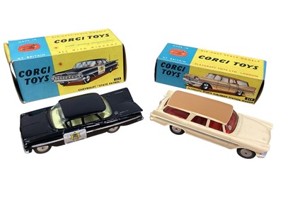 Lot 1969 - Corgi Toys diecast Chevrolet State Patrol No.223, Vauxhall Velox Saloon No.203M, Plymouth Sports Suburban Station Wagon No.219, Rover 90 Saloon No.204, Jaguar 2.4 litre Saloon No.208S, Austin A4...