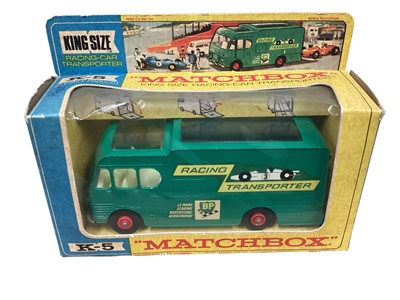 Lot 1971 - Matchbox King Size Racing Car Transporter, in window box K-5, plus Superfast F1 Racing Car No.34, Porsche 910 no.68, Iron Fairy Crane No.42, Pony Trailer No.43 and three other vehicles (8)