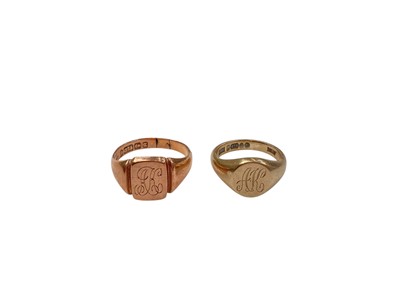 Lot 1105 - Two 9ct gold signet rings, both with engraved initials AK
