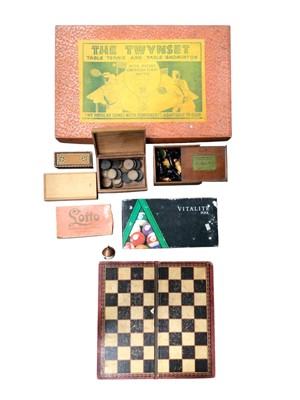 Lot 235 - Vintage 'The Twynset' table tennis and table badminton set in orignal box, pool balls, draughts and chess pieces