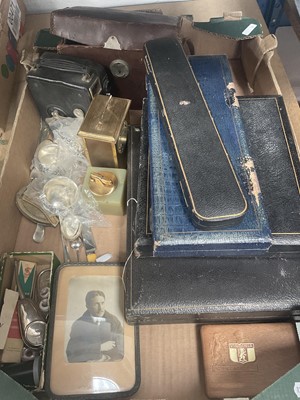 Lot 229 - Plated cutlery, vintage cine camera, Ronson table lighter and sundries (1 box)