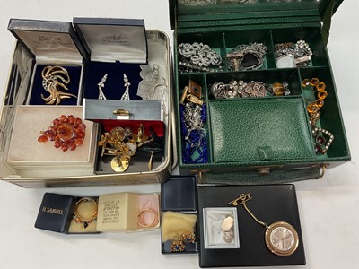Lot 1074 - Jewellery box and vintage tin both containing costume jewellery, some silver and bijouterie
