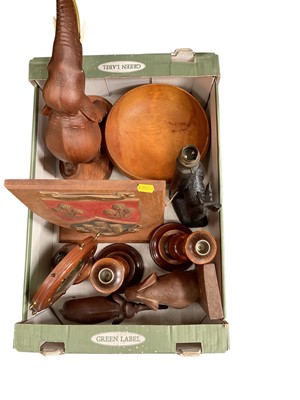 Lot 484 - Group of elephants, lamps (wires cut) and other treen items.