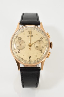Lot 553 - 18ct gold Fludo chronograph wristwatch circa 1950 on a black leather strap