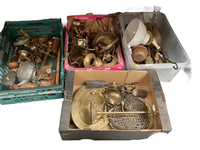 Lot 486 - Four boxes of assorted brass ware, including teapots, letter scales and other items.