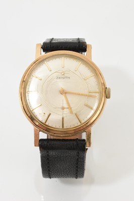 Lot 551 - 9ct gold Zenith wristwatch, manual wind movement, cream dial with sub seconds at 6 o'clock on a black leather strap