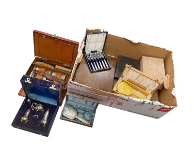 Lot 504 - Group of cased cutlery sets, brushes, gentleman's vanity set and other items (1 box).