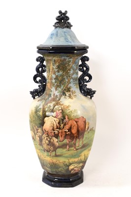 Lot 15 - Large 19th century continental majolica vase and cover, painted with pastoral scenes