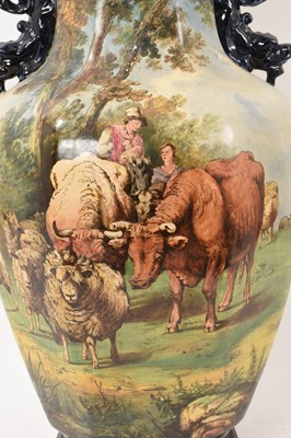 Lot 15 - Large 19th century continental majolica vase and cover, painted with pastoral scenes