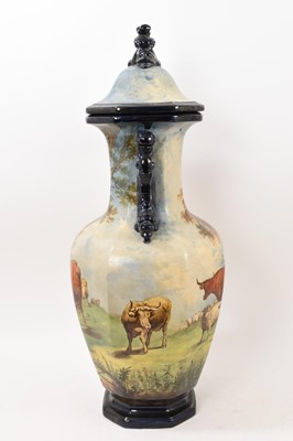 Lot 15 - Large 19th century continental majolica vase and cover, painted with pastoral scenes