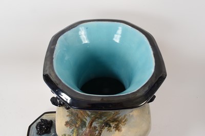 Lot 15 - Large 19th century continental majolica vase and cover, painted with pastoral scenes