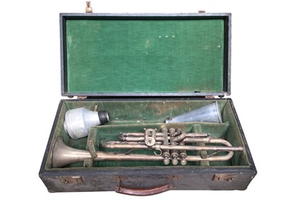 Lot 2204 - Unusual antique silvered trumpet with mutes