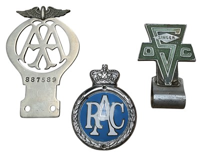 Lot Vintage nickle plated AA members badge, together with an RAC members badge and a Singer Car Club badge, (3).