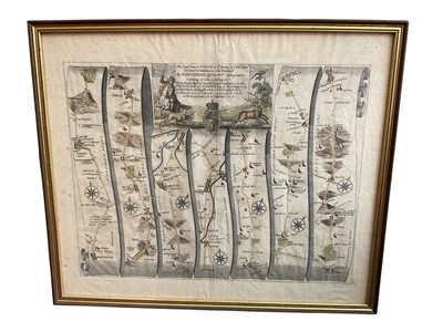 Lot 925 - John Ogilby - 18th century road map - London to St Neots, together with an etching of a harbour, both in glazed frames