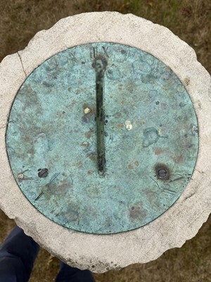 Lot 1275 - Antique weathered column of fluted form with sun dial top, 89cm high overall