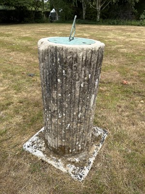 Lot 1275 - Antique weathered column of fluted form with sun dial top, 89cm high overall