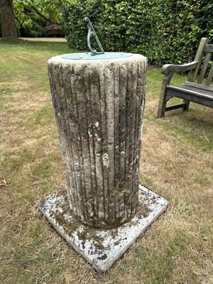 Lot 1275 - Antique weathered column of fluted form with sun dial top, 89cm high overall
