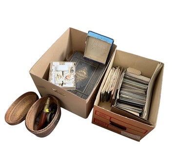 Lot 509 - Collection of cigarette and tea cards, postcards, Victorian bible and sundry items, (2 boxes).