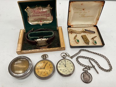 Lot 1102 - Vintage Wittnauer gold plated wristwatch on leather strap in box, Continental silver cased pocket watch with silver watch chain and fob, GSTP military pocket watch etc