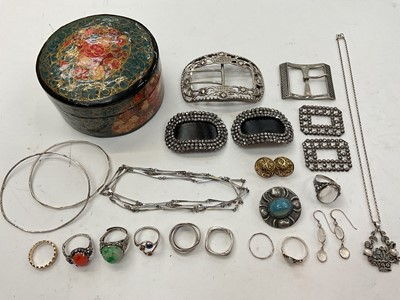 Lot 1079 - Group of jewellery including 9ct gold styled band ring, silver rings, marcasite floral basket pendant on chain, various buckles etc