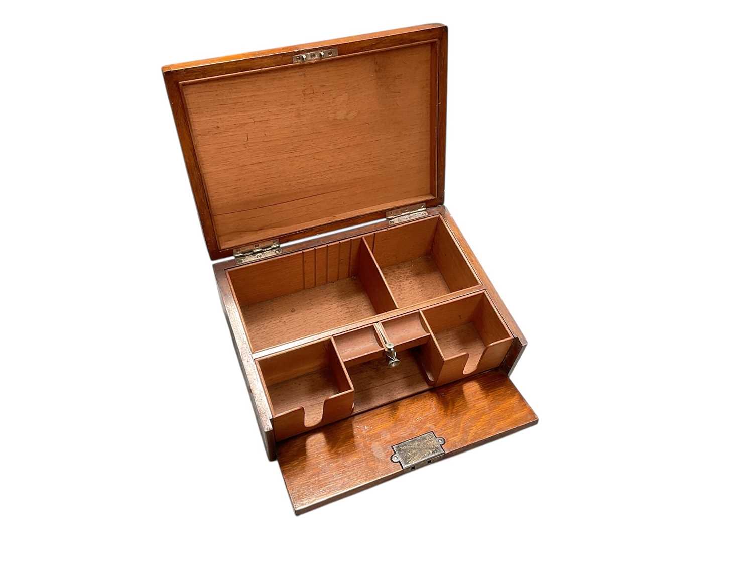 Lot 467 - Edwardian golden oak cigar box with fitted interior including a cigar cutter.