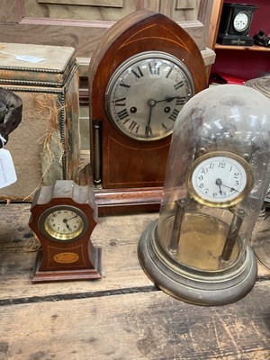 Lot 42 - American wall clock with two weights, Edwardian mantel clock, tiny mantel clock and clock under dome (4)