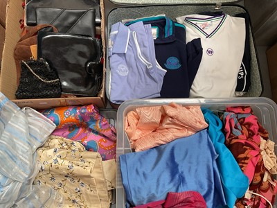 Lot 317 - Group of vintage clothing including Wimbledon tennis tops, skirts etc and a selection of handbags