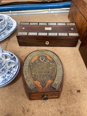 Lot 62 - Victorian horseshoe crib board with drawer, together with rosewood mother of pearl inlaid crib box