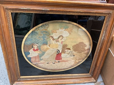 Lot 933 - Georgian woolwork picture depicting girls collecting sheaves of corn, together with one other woolwork two figures beneath trees (2)