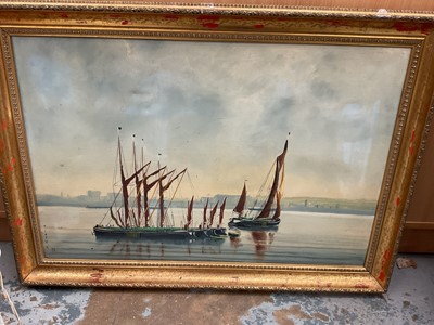 Lot 937 - Pat Ballard, oil on board, Thames Barges, together with larger oil in gilt frame depicting Thames Barges