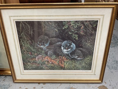 Lot 934 - Two limited edition, signed, coloured prints depicting six otters and watercolour of ducklings and butterfly