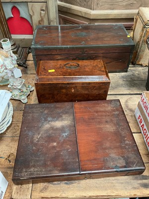 Lot 38 - Regency brass inlaid campaign box together with mahogany campaign folding shaving mirror in portable case, and Georgian yew wood tea caddy (3)