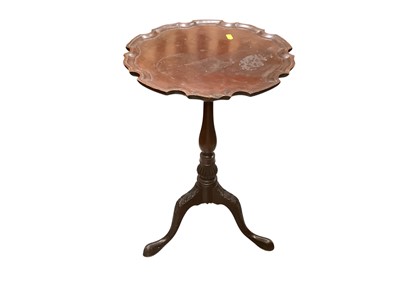 Lot 1244 - Mahogany wine table with piecrust top and carved column above three cabriole legs together with antique low tray top table, single antique chair with cane back and pink squab and Georgian mahoga...